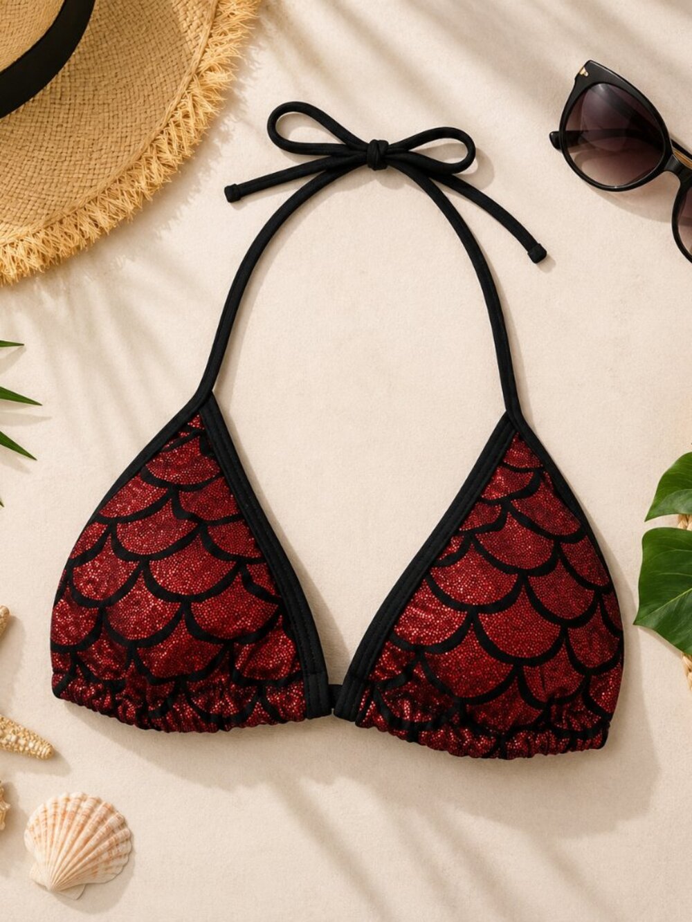 Living Dead Clothing Mermaid Bikini Top | Red Foil Triangle Goth Swimwear